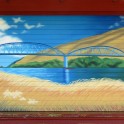 Millers Flat Bridge Scene - Acrylic on roller door. Shop at Millers Flat Holiday Park.